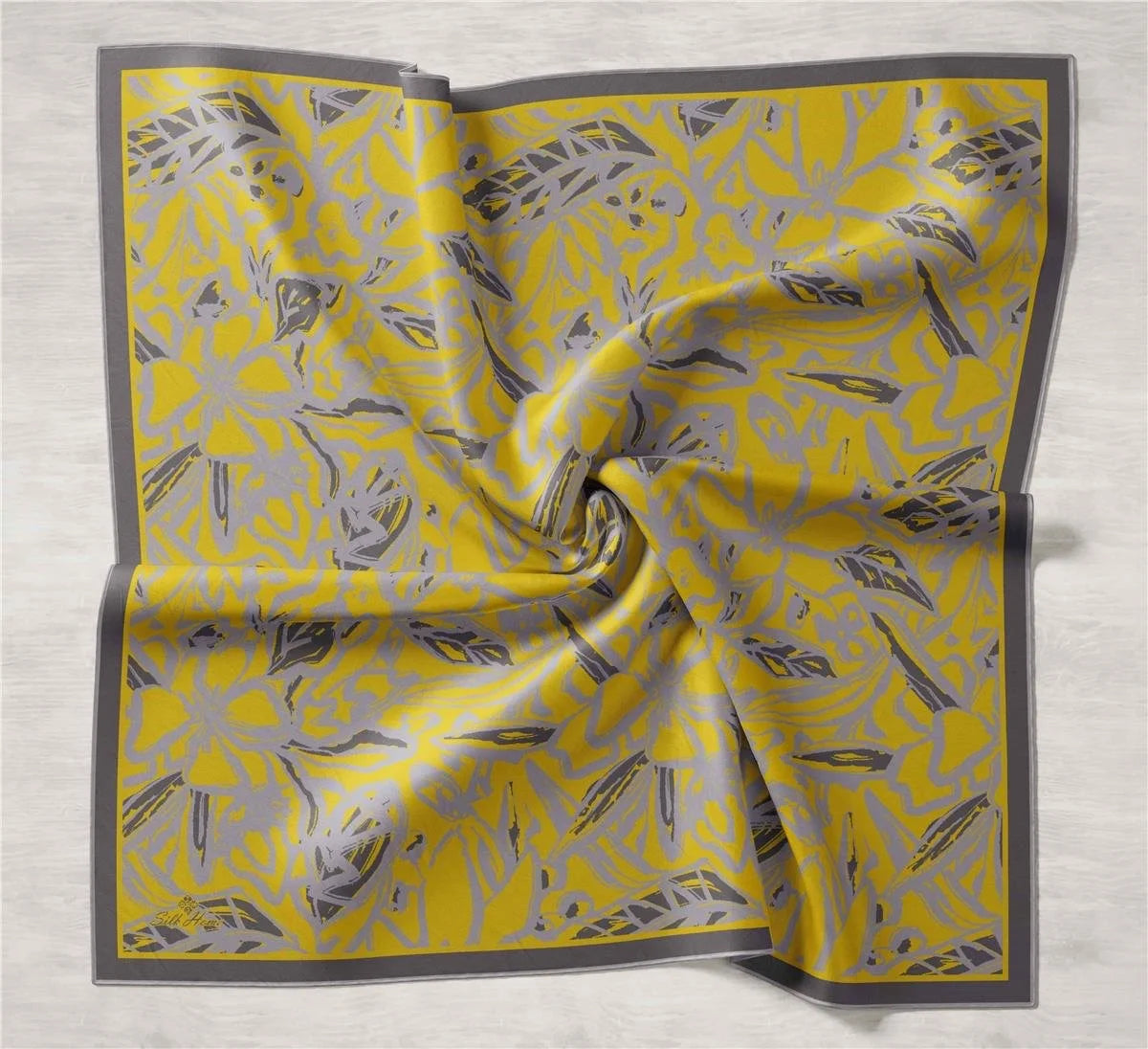 Silk Home Sarı Gri Desenli Twill İpek Eşarp 11419-35