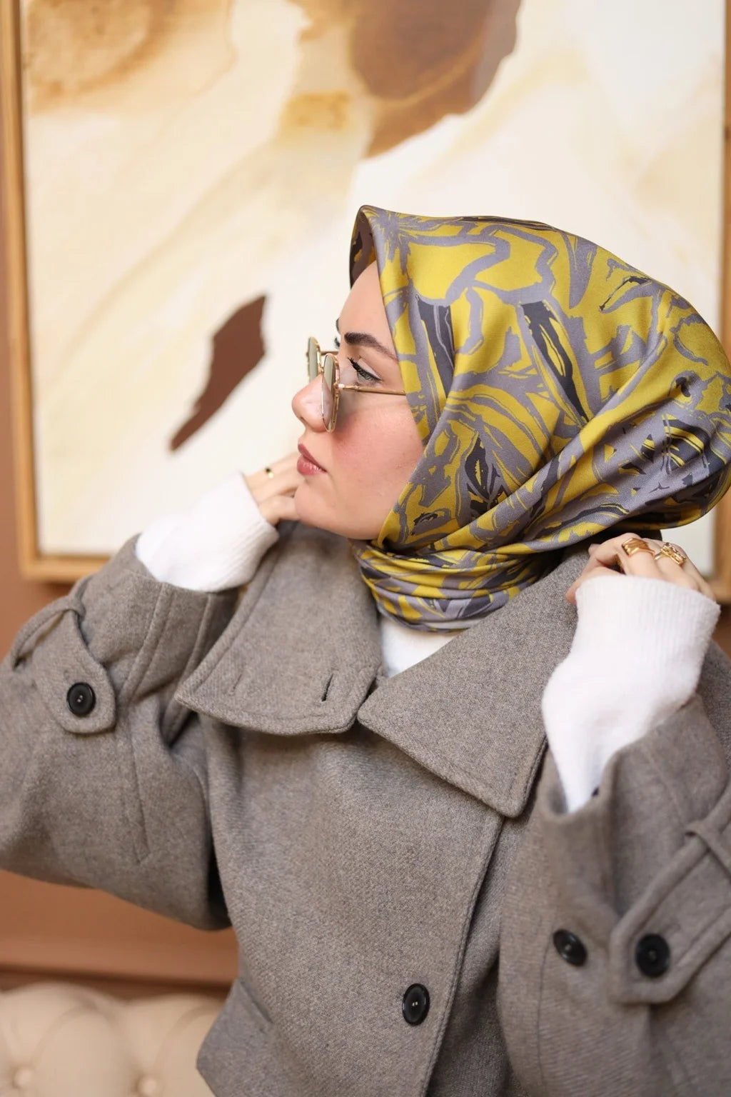 Silk Home Sarı Gri Desenli Twill İpek Eşarp 11419-35