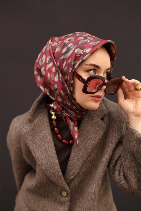 Silkhome Bordo Leopar Desenli Tivil İpek Eşarp 11451-28