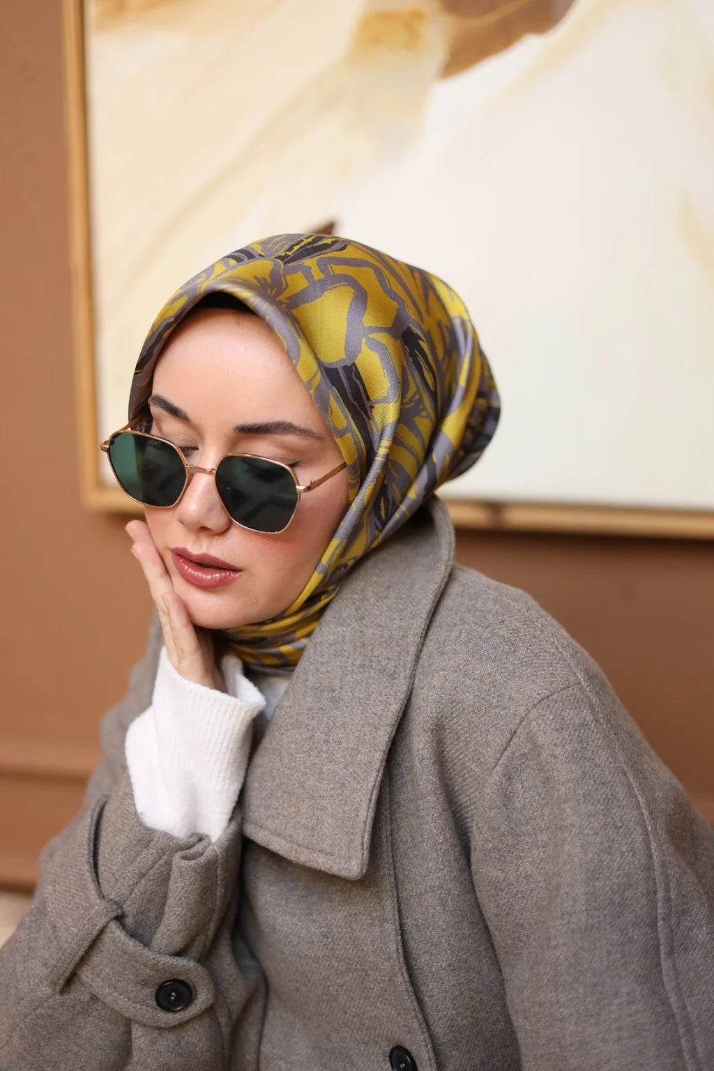 Silk Home Sarı Gri Desenli Twill İpek Eşarp 11419-35