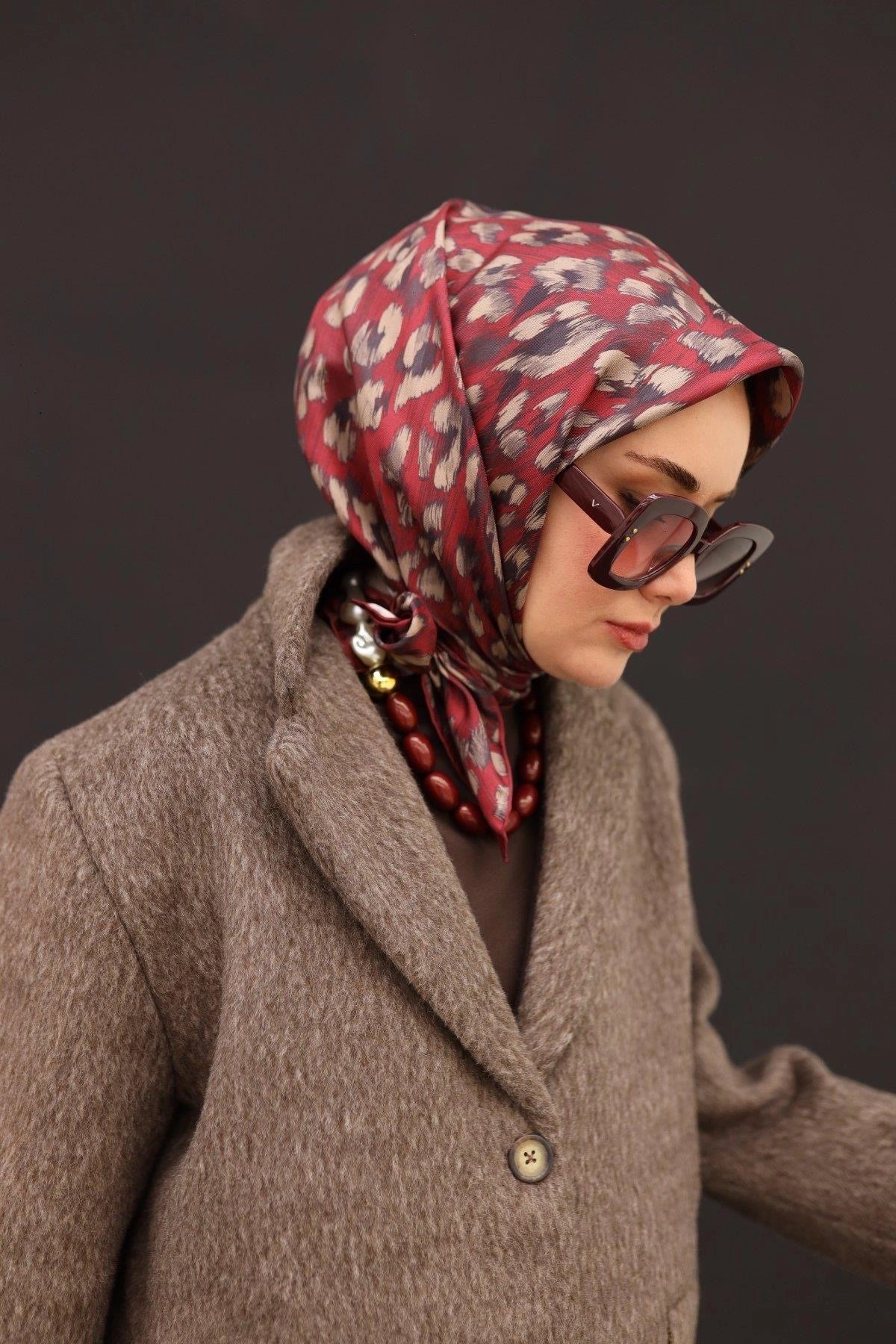 Silkhome Bordo Leopar Desenli Tivil İpek Eşarp 11451-28