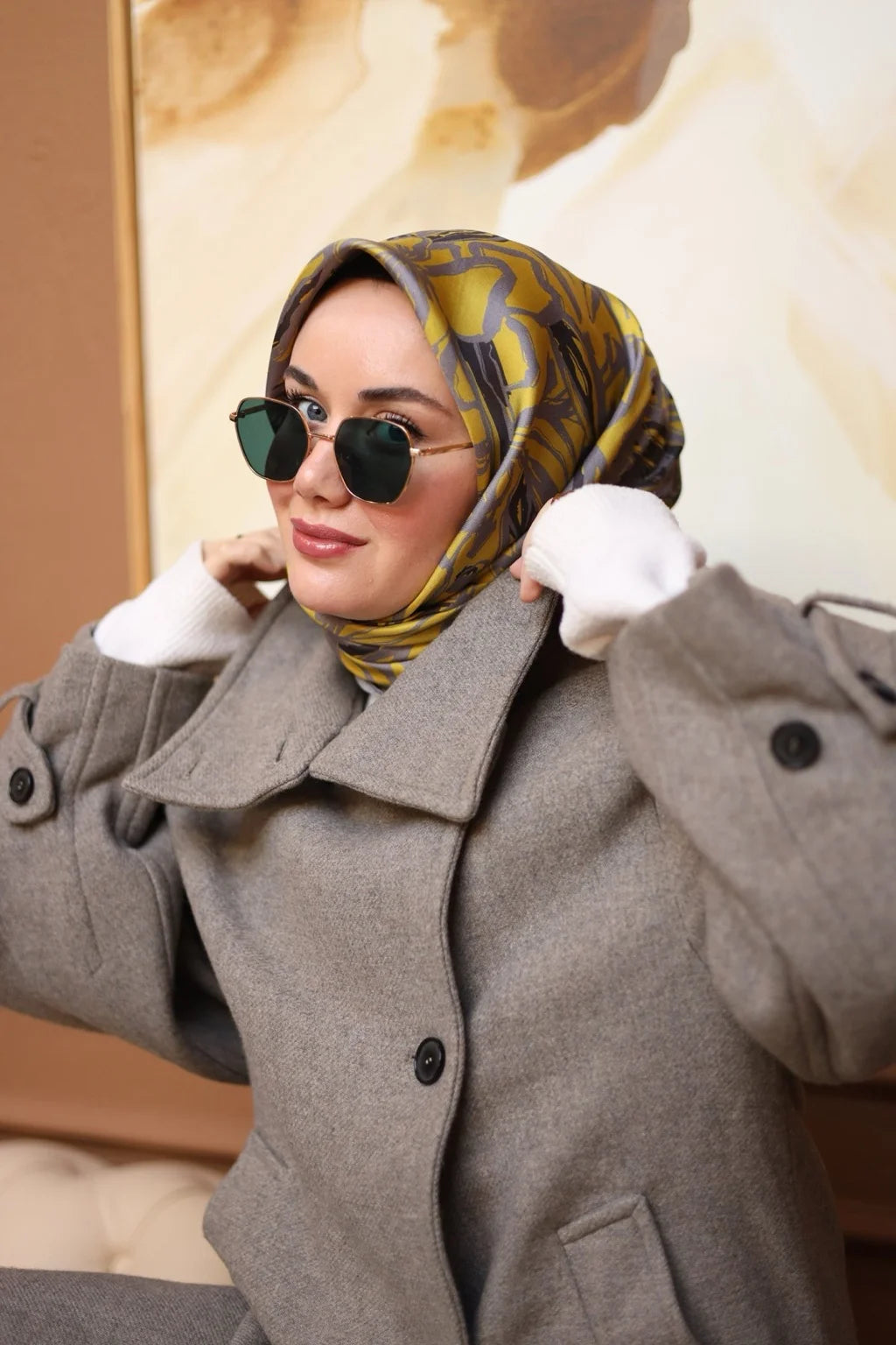 Silk Home Sarı Gri Desenli Twill İpek Eşarp 11419-35