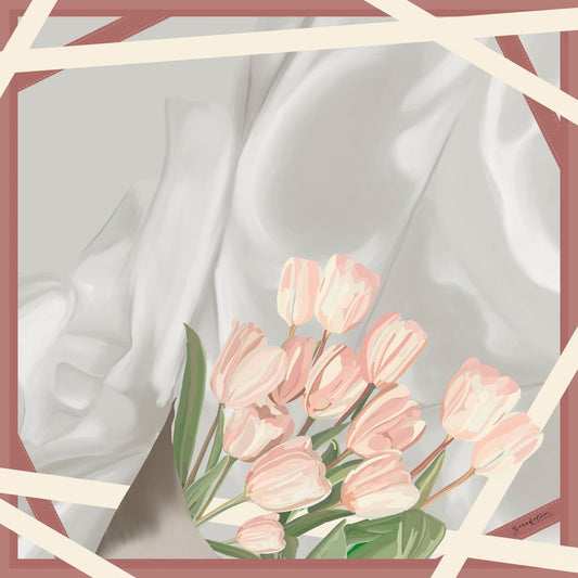 Zerafetim lale desen pudra tivil ipek eşarp görseli