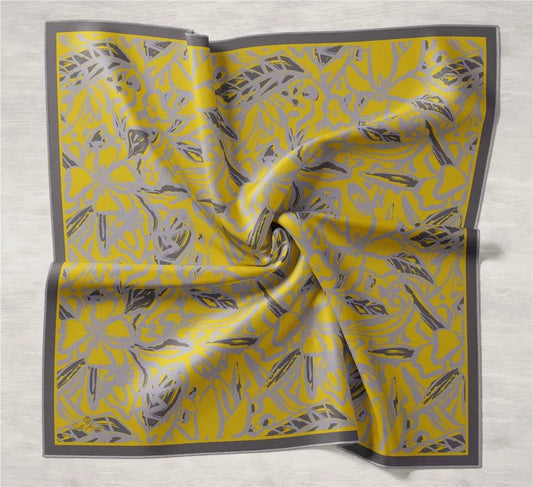 Silk Home Sarı Gri Desenli Twill İpek Eşarp 11419-35